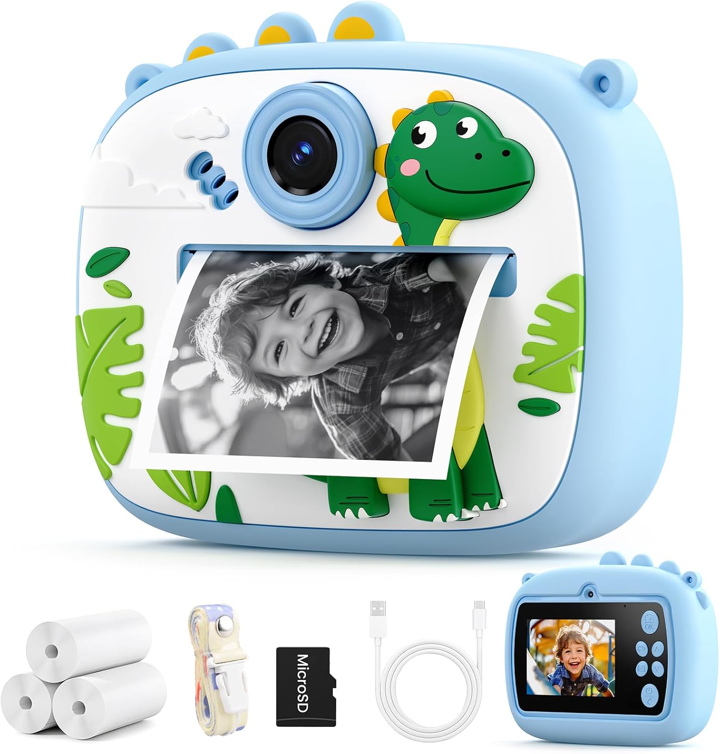 Kids Camera Instant Print, Digital Camera for Kids, for Boys Girls 3-12 with Silicone Cover, Selfie Cam No-Ink Instant Print with SD Card & 3 Rolls Paper(Blue Dinosaur)