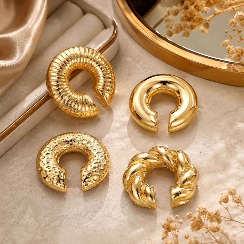 KISS WIFE 4 Pcs Chunky Ear Cuffs Non Piercing for Women, 14K Gold Plated Clip On Cartilage Hoop Earrings Jewelry Gifts