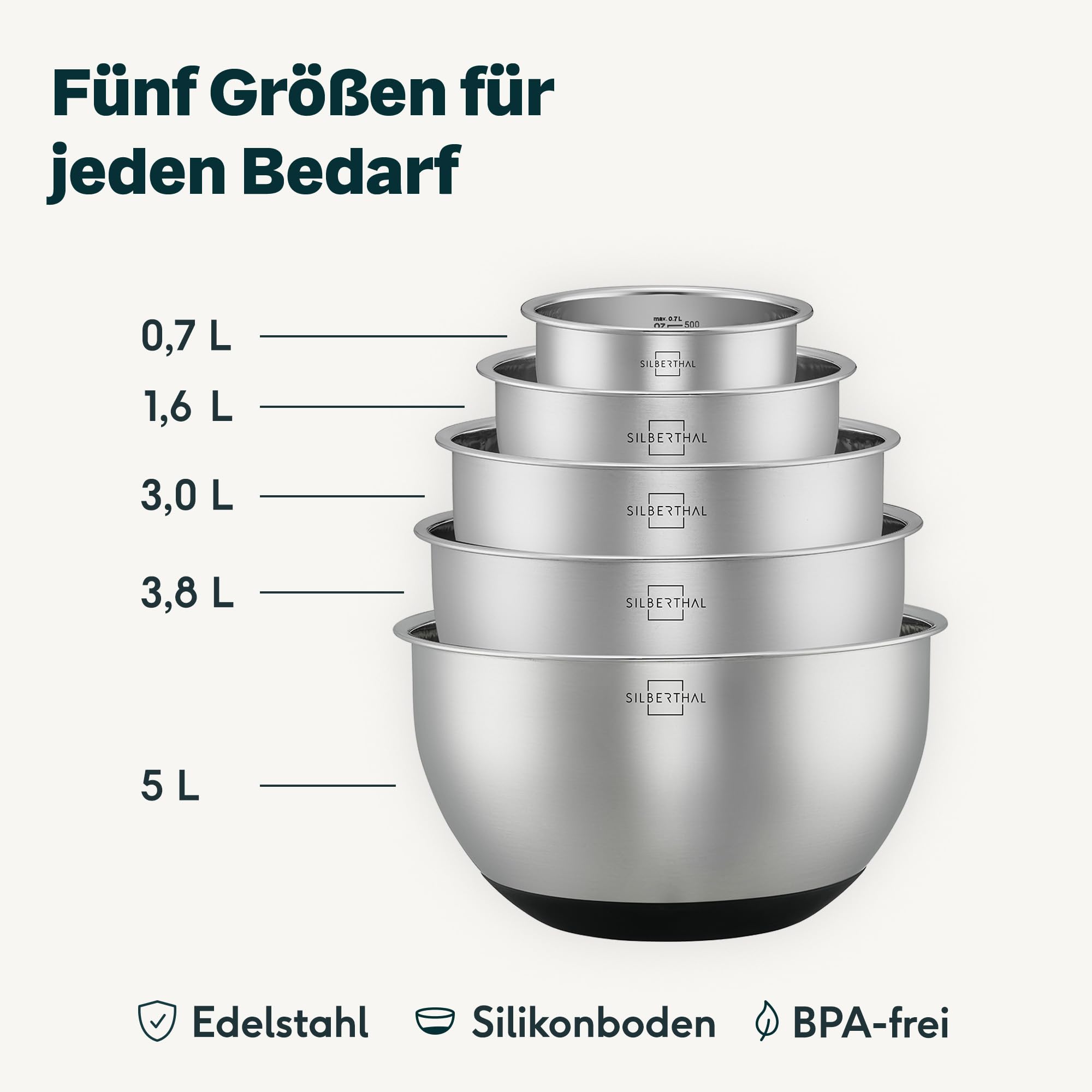 SILBERTHAL Edelstahl Schüssel 5er Set mit Deckel - Rührschüsseln zum Servieren, Kochen, Backen, Aufbewahren - Rutschfester Boden - 5 Stück