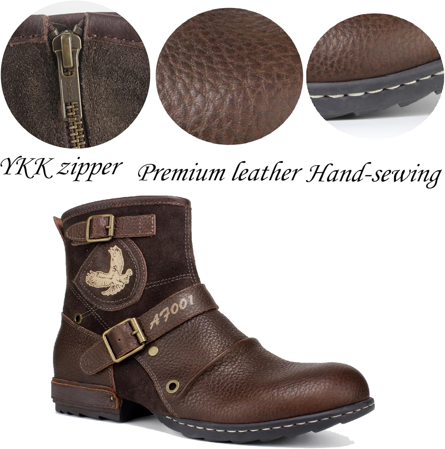 Motorcycle Boots Men Waterproof Leather -Retro Moto Biker Boots with Zip Up & Harness, Riding Combat Boots for Men Casual & Daily Wear - Image 4