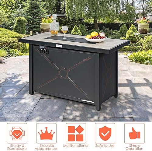 Miniatura 6 de COSTWAY Mesa para fogata de propano de 42 pulgadas, mesa rectangular de gas para exteriores de 60,000 BTU con mesa de cerámica, roca de lava y