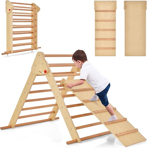 OLAKIDS Juguetes de escalada para niños pequeños, 3 en 1 plegable de madera Montessori Pikler Escalera escaladora con rampa, tobogán para gimnasio,