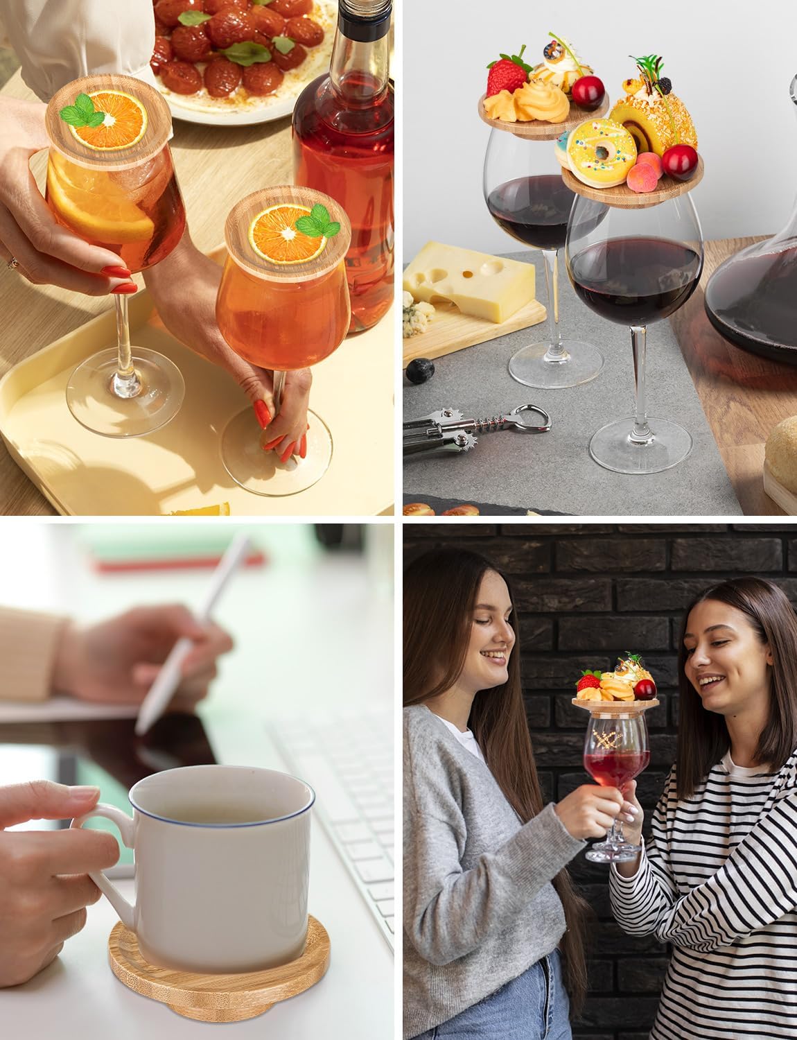 24Pcs Wine Glass Charcuterie Topper, 4" Bamboo Mini Charcuterie Boards, Wine glass covers to keep bugs out, for Family Gatherings, Restaurants, Bars