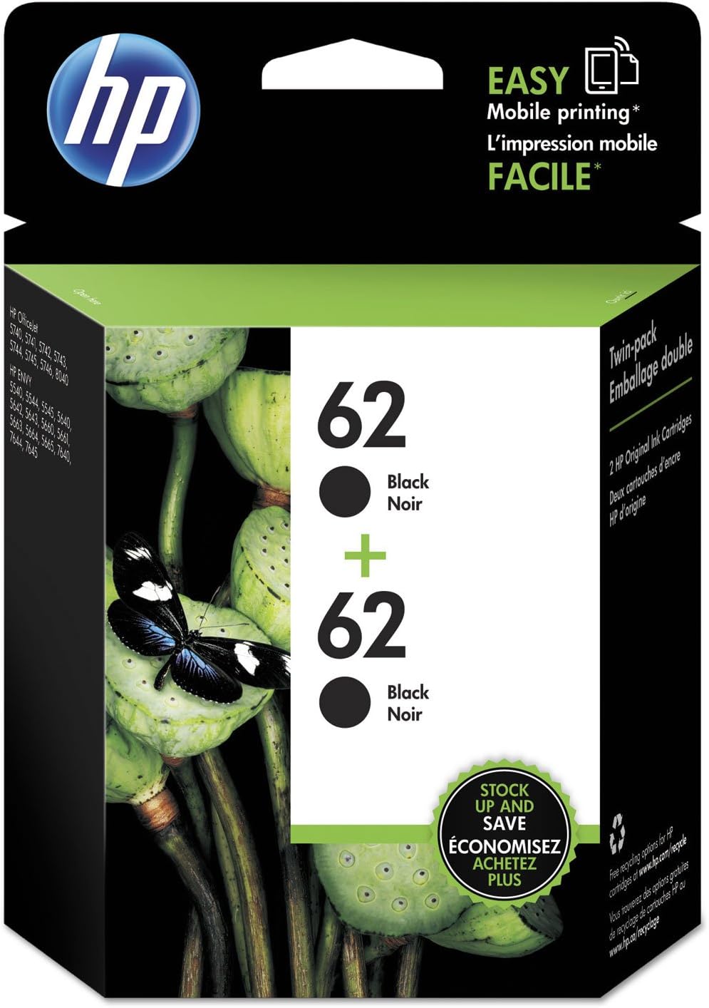 HP 62 | 2 Ink Cartridges | Black | Works with HP ENVY 5500 Series, 5600 Series, 7600 Series, HP OfficeJet 200, 250, 258, 5700 Series, 8040 | C2P04AN