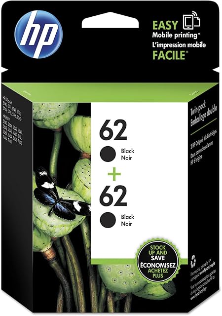 HP 62 | 2 Ink Cartridges | Black | Works ENVY 5500 Series, 5600 Series, 7600 Series, OfficeJet 200, 250, 258, 5700 Series, 8040 | C2P04AN