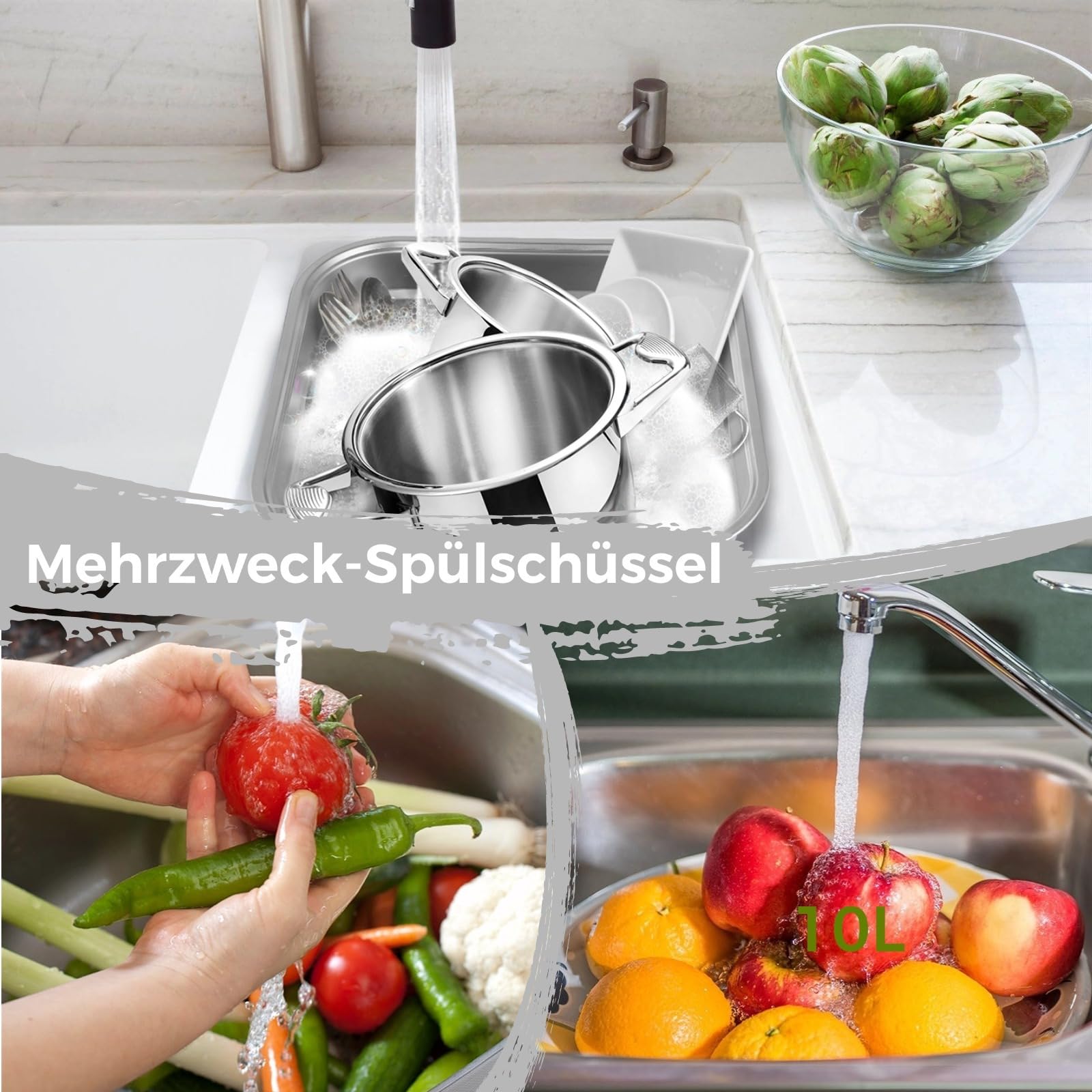 Cuenco de acero inoxidable para fregadero, cubeta cuadrada para cocina, lavabo de verduras y plato para el hogar, tamaño grande, 30 cm de diámetro interior, diámetro exterior de 12.9 pulgadas, parte