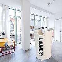 Vista 8 de Cesta de lavandería grande de 90 L, cesta de ropa alta independiente, bolsa de lavandería plegable, color beige