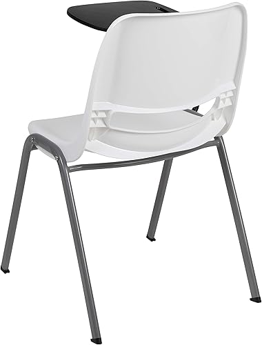 Miniatura 8 de EMMA + OLIVER Silla ergonómica blanca con tableta abatible para diestros, escritorio con brazo para tableta