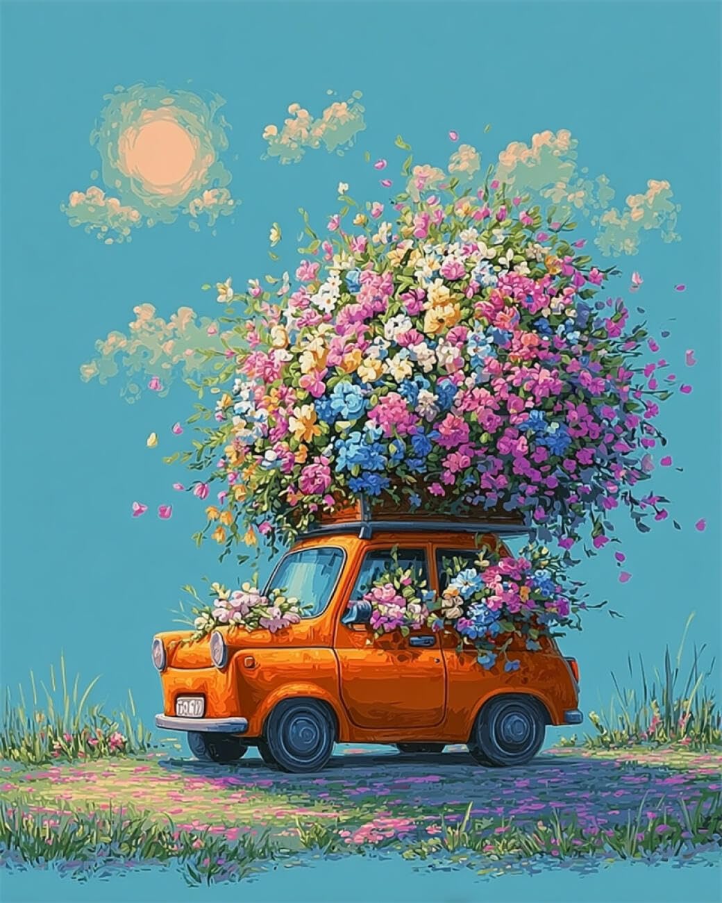 AMBATTERY Tapestry Kit Cars and Flowers DIY Rugs Set with Printed Canvas Floor Mat Crochet Yarn Embroidery Hook Latch Carpet Tapestry for Home Decoration 33x45in