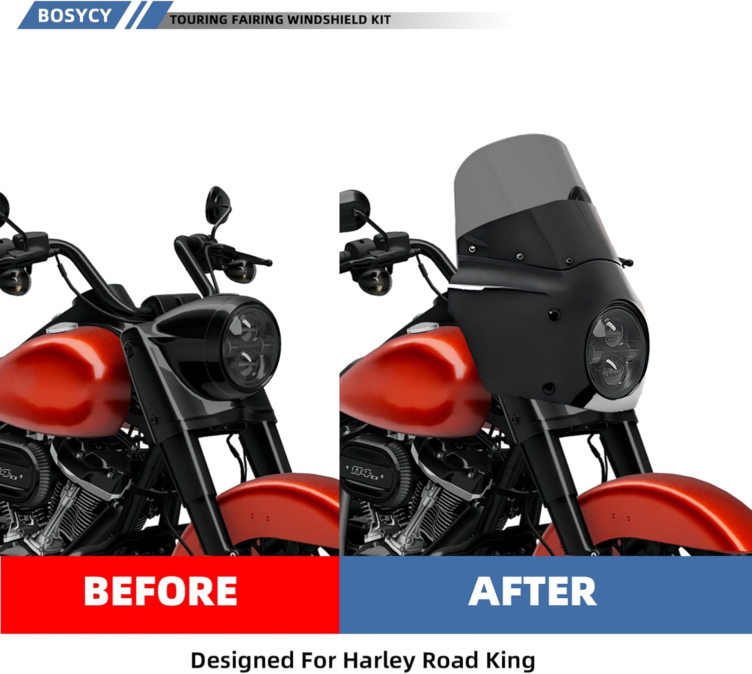 Road Warrior Fairing Kit with 11" Smoke Windshield, Fits 7" Headlight for Harley Touring Road King FLHR 1994-2023, FLHRXS 2017-2025 Motorcycle Windscreen