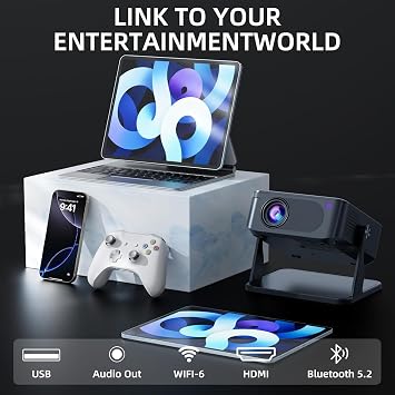 Mini Projector with WiFi 6 and Bluetooth 5.2, Portable Projector 4K Support, Auto Vertical Keystone 270 Rotatable, Compatible with Smartphone/TV Stick/Box/USB/HDMI