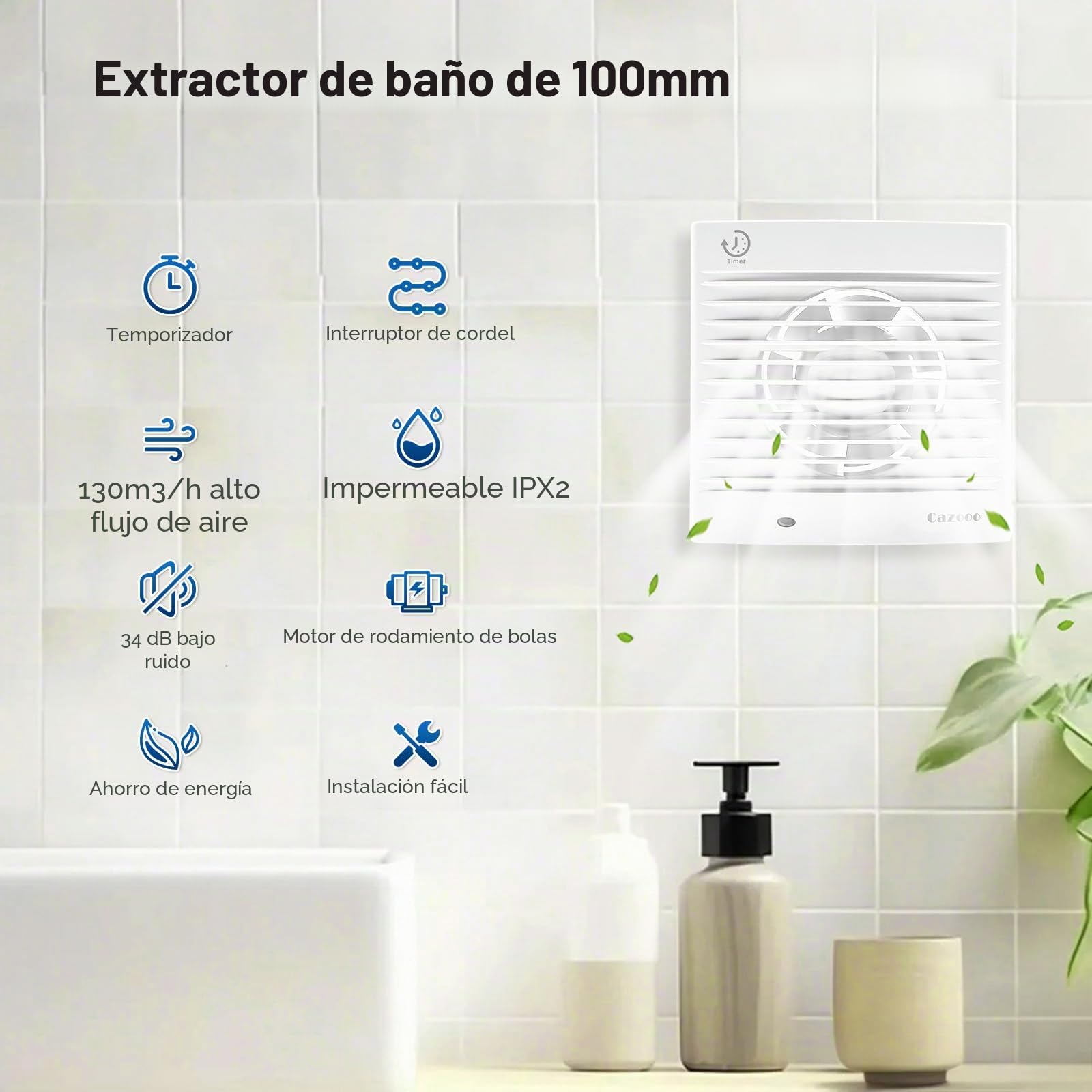 Ventilador extractor de baño de 100 mm con temporizador y cable de tracción, ventilador silencioso de baño de 12 W 130 m³/h, para montaje en pared/ventana, para cocina, inodoro, oficina, 34 dB