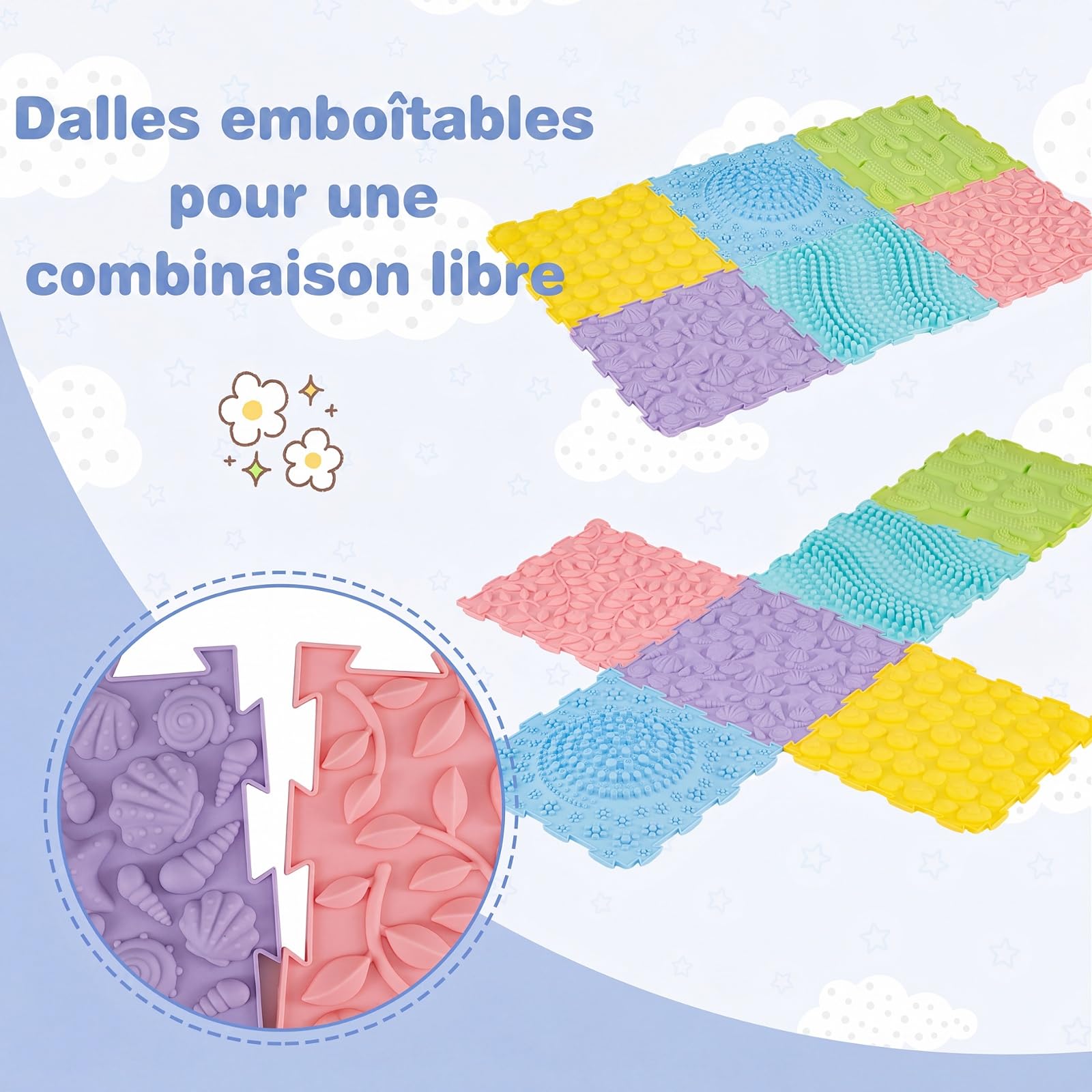COSTWAY 6 Pièces Dalles Sensorielles Montessori Bébé en TPE (Macaron) | Éveil Sensoriel et Développement de la Motricité, Design Empilable et Antidérapante, Tapis Sensoriel Orthopédique, 30x30cm
