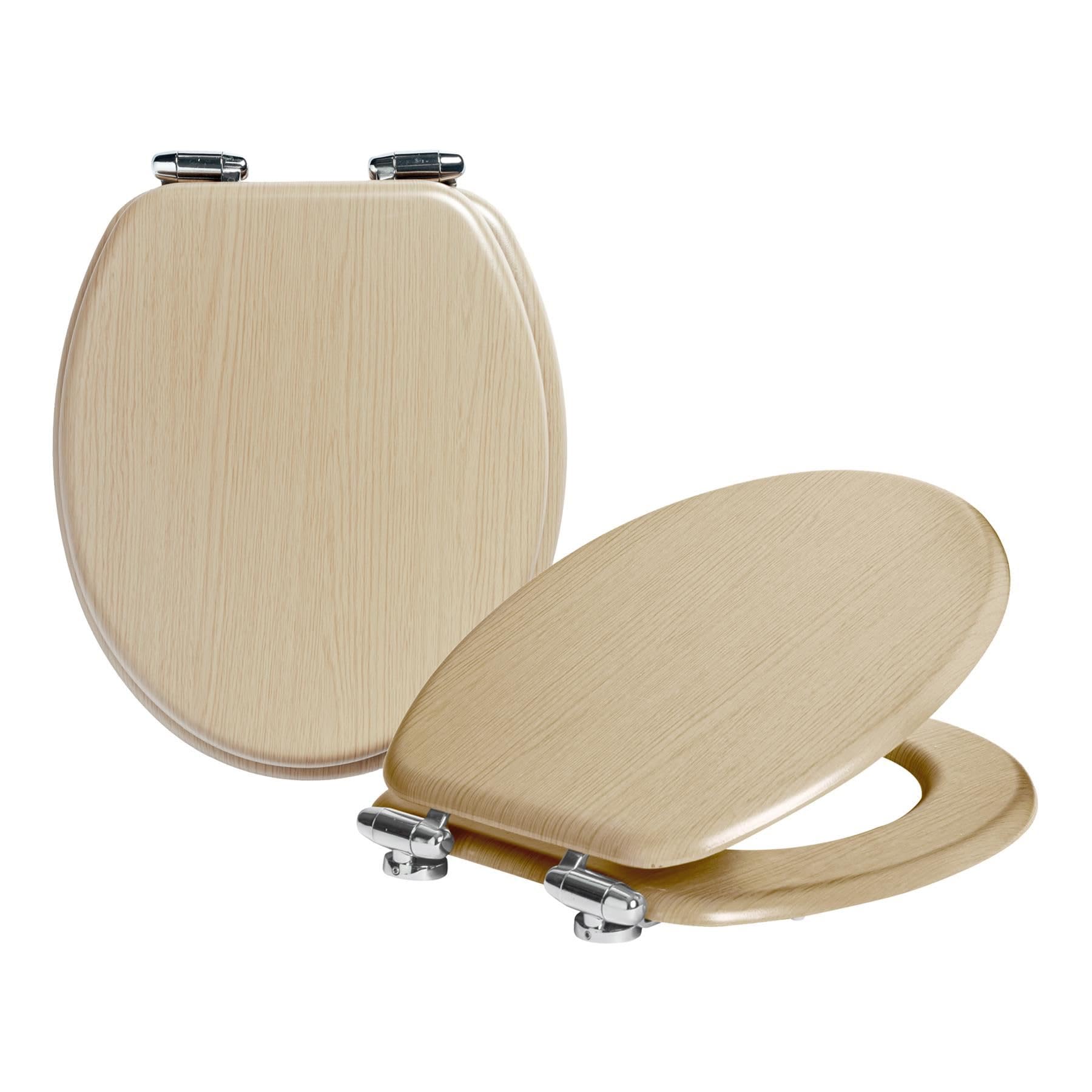Harbour Housewares Soft Close Toilet Seats - Light Oak - Pack of 2 - Oval-Shaped Wooden Toilet Seat Antibacterial Loo Lid with Universal Chrome Hinges, Fixings & Fittings