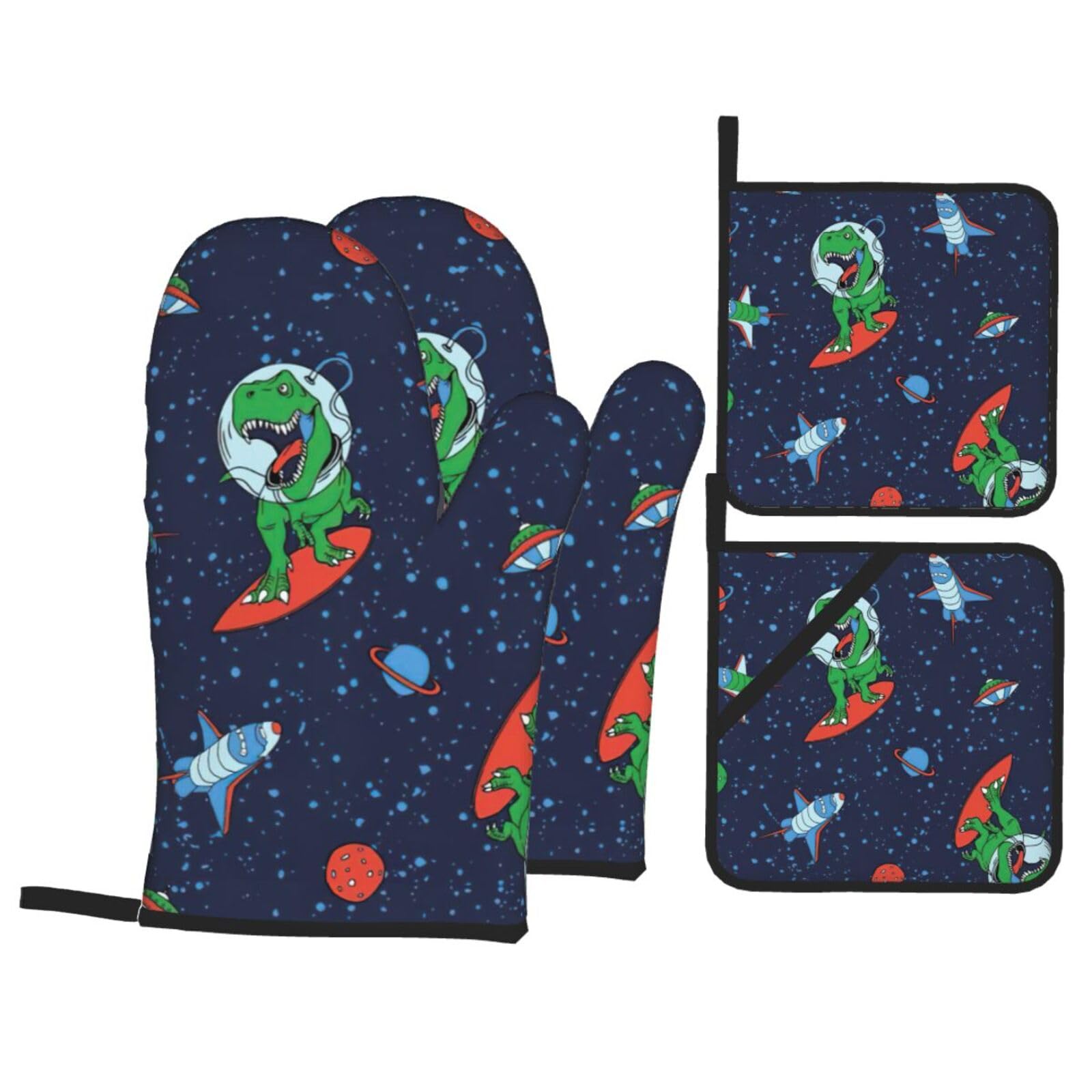 Funny Astronaut Dinosaur Rocket Print Kitchen Oven Mitts And Pot Holders Set,Hanging Loop Design For Cooking Baking Bbq