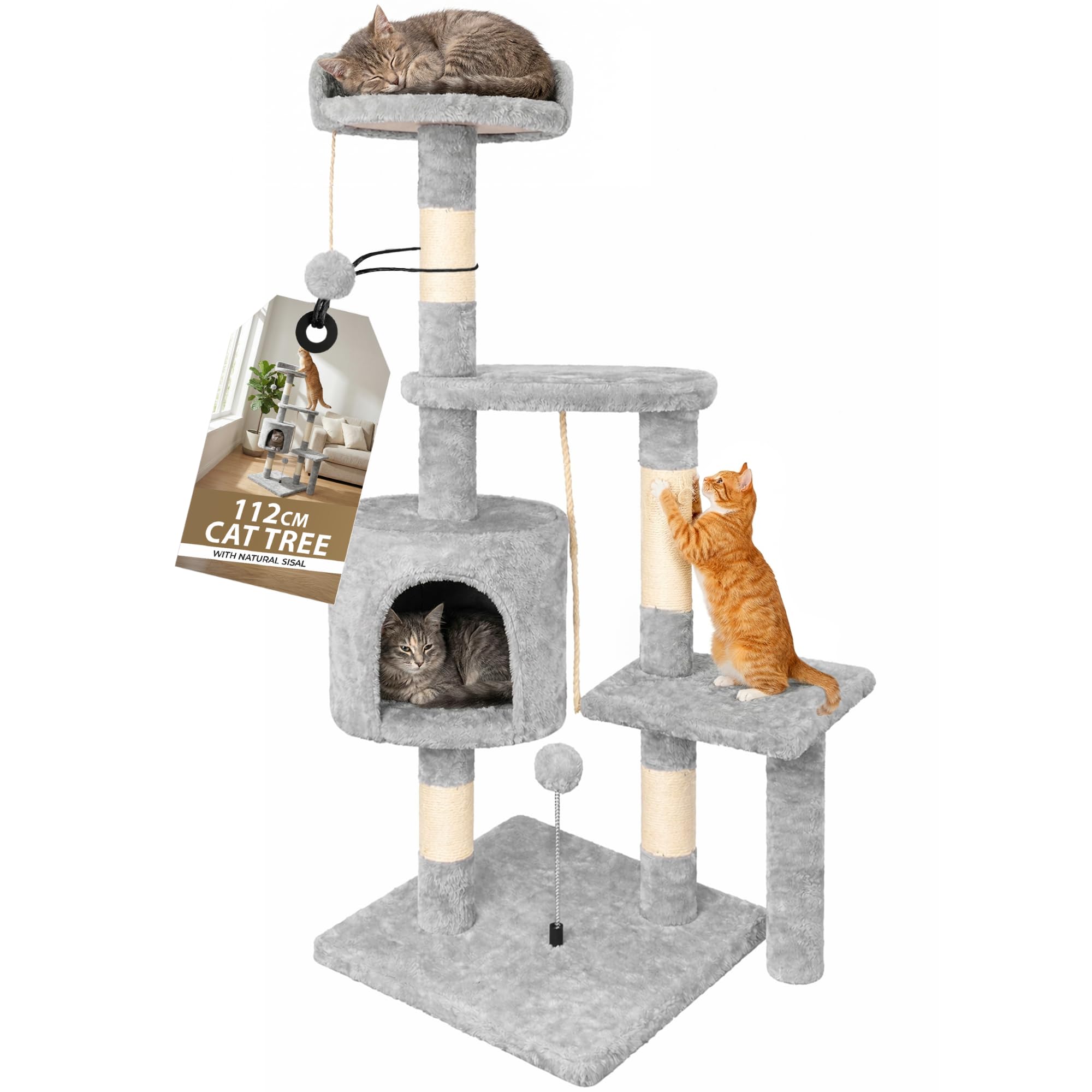 Rex & Roxy Cat Tree 112cm | Cat Scratching Post for Indoor Cats | Multi-Level Stable Cats Tower with Sisal Scratching Posts, Plush Toy Balls, Cave, Sisal Rope for Kitten Climbing, Playing | Grey