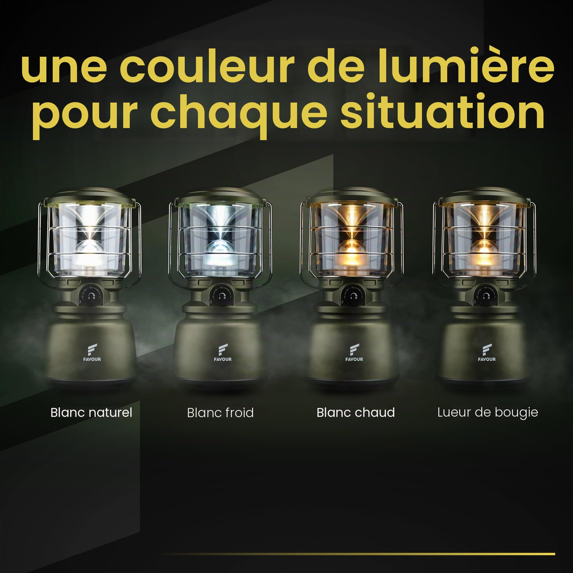 Favour Lampe LED Camping puissante 1300 Lumens | Lanterne exterieur IP64 Étanche, Fonctionne sur piles, température de couleur réglable dont Mode Bougie | Lampe de tente, éclairage à 360 degrés