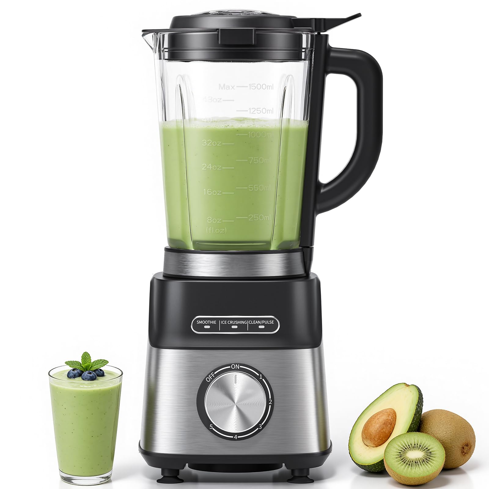 AMZCHEF Standmixer Gas Smoothie Maker mit Glasbehälter & 6-Klingen-System – Hochleistungs-Mixer 1200W für Smoothies, Eis & Shakes, 5-Stufen-Regler mit Pulse & Selbstreinigung