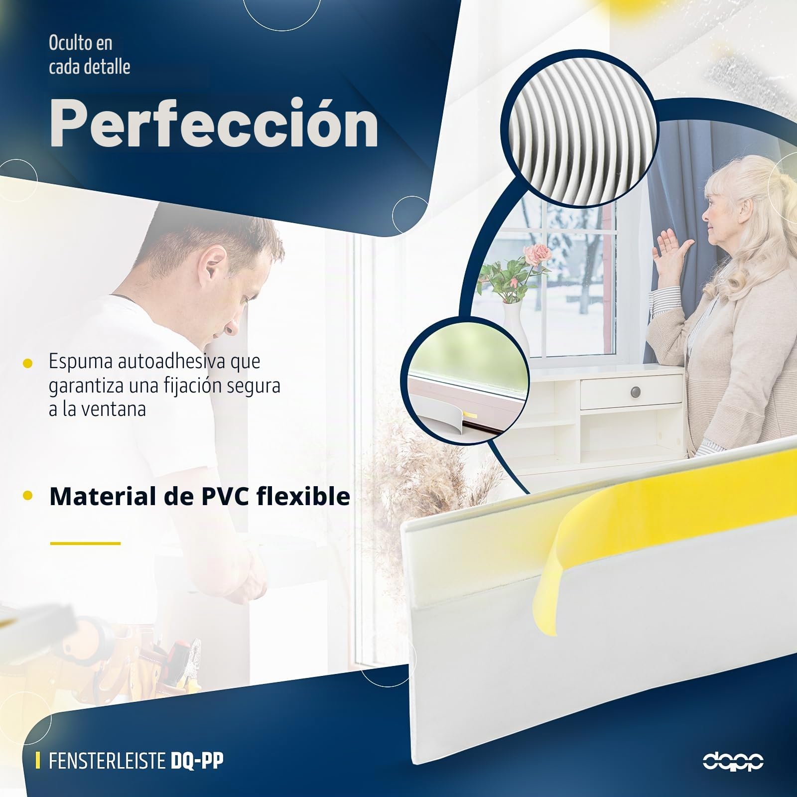 DQ-PP Molduras de Ventanas | Longitud 10m | Anchura 30mm | Grosor 1,5mm | Blanco | autoadhesivo | Interno/Externo | Tira de la cubierta | enmascaramiento