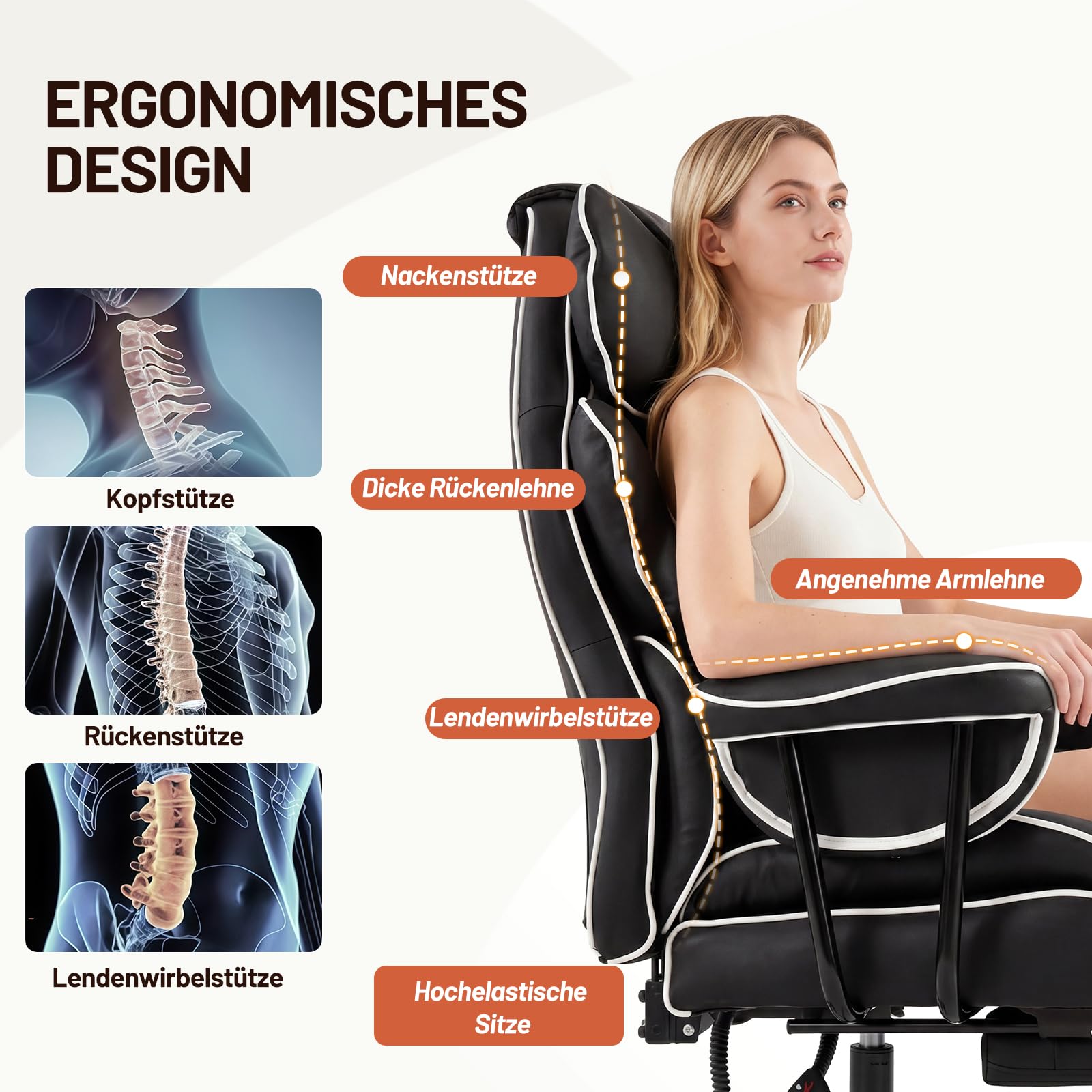 Sedia da gaming ergonomica, in pelle PU, 200 kg, con poggiapiedi e supporto lombare, sedia regolabile con schienale alto, sedia girevole (nero-1)
