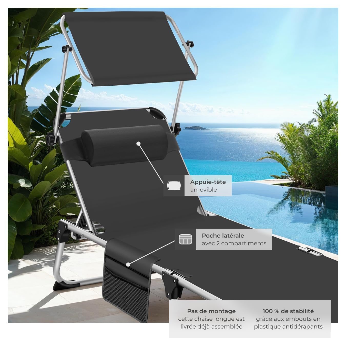 tectake® Chaise Longue Pliante Bain de Soleil Jardin Exterieur avec Pare Soleil, Cadre en Aluminium, Chaise Longue inclinable Transat de Plage Relax Jardin Camping Salon de Jardin Exterieur