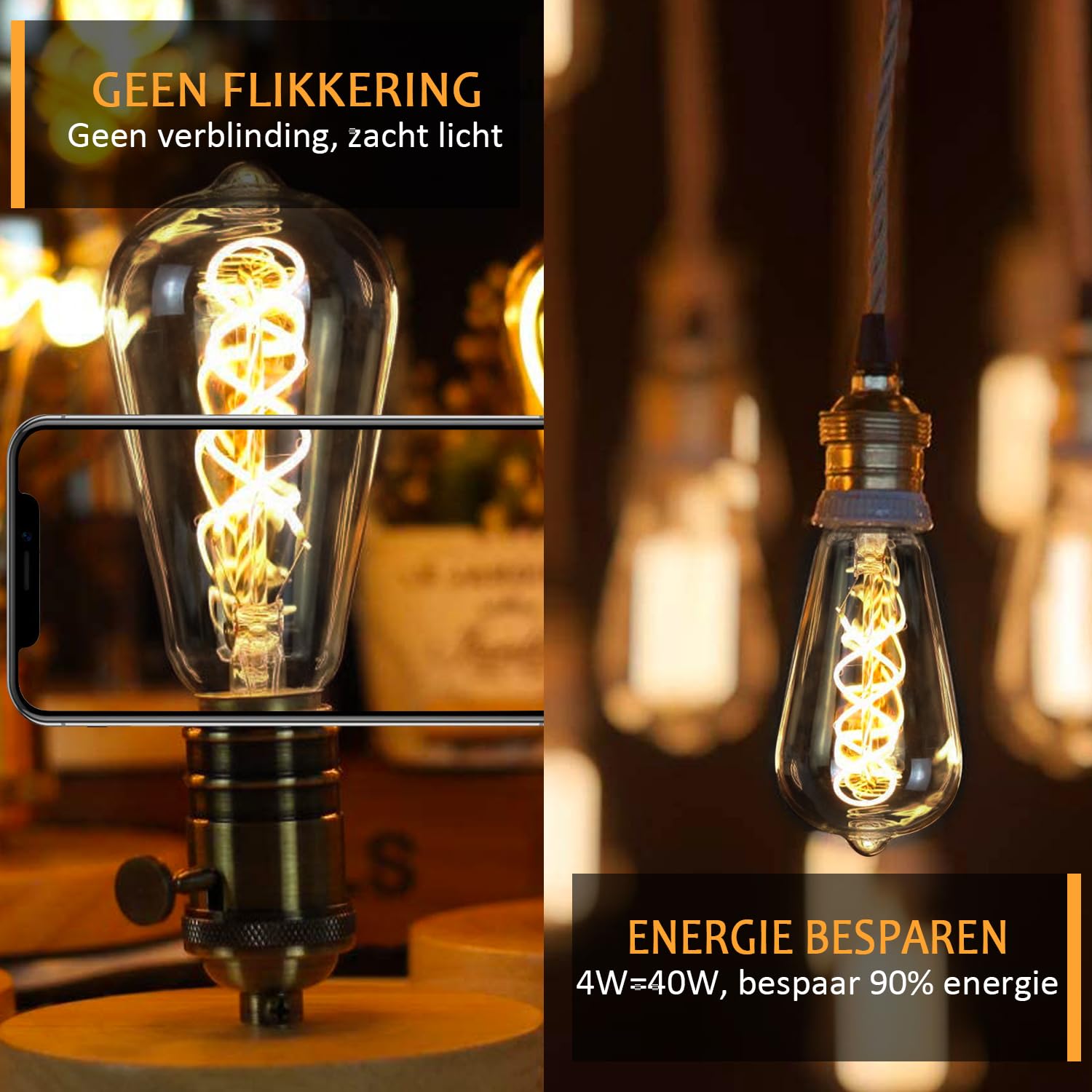 Edison Vintage Gloeilamp E27, E27 LED Vintage Dimbaar 6W Retro LED Lamp Warm Geel 2700K Edison Gloeilamp E27 Vintage Ideaal voor Nostalgie en Retro Verlichting in de Thuis Cafe Bar - 2