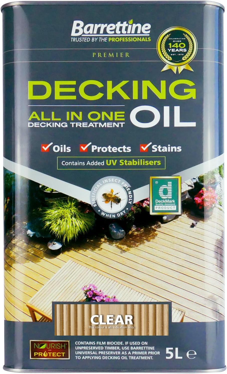 Barrettine Decking Oil (Clear, 5L) - UV & Fade Resistant All-in-One Outdoor Decking Treatment, Water Repellent Deck Oil for Exterior Timber & Structures