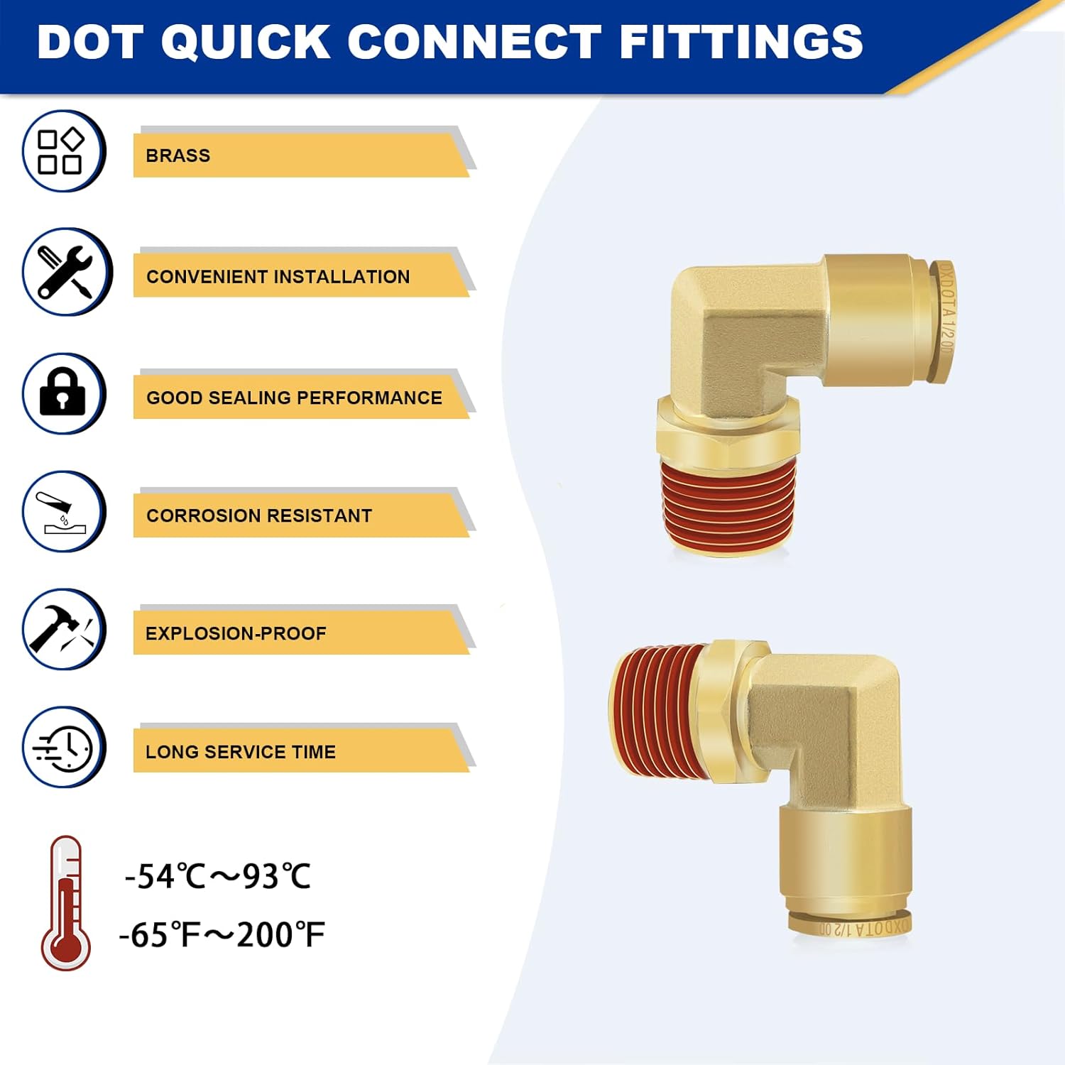 5PCS 1/2" DOT Air Line Fittings, Brass Air Brake Push to Connect Fittings 1/2" OD x 1/2" NPT 90° Elbow Tube to Male Pipe Swivel for Truck Trailers Air Brake System