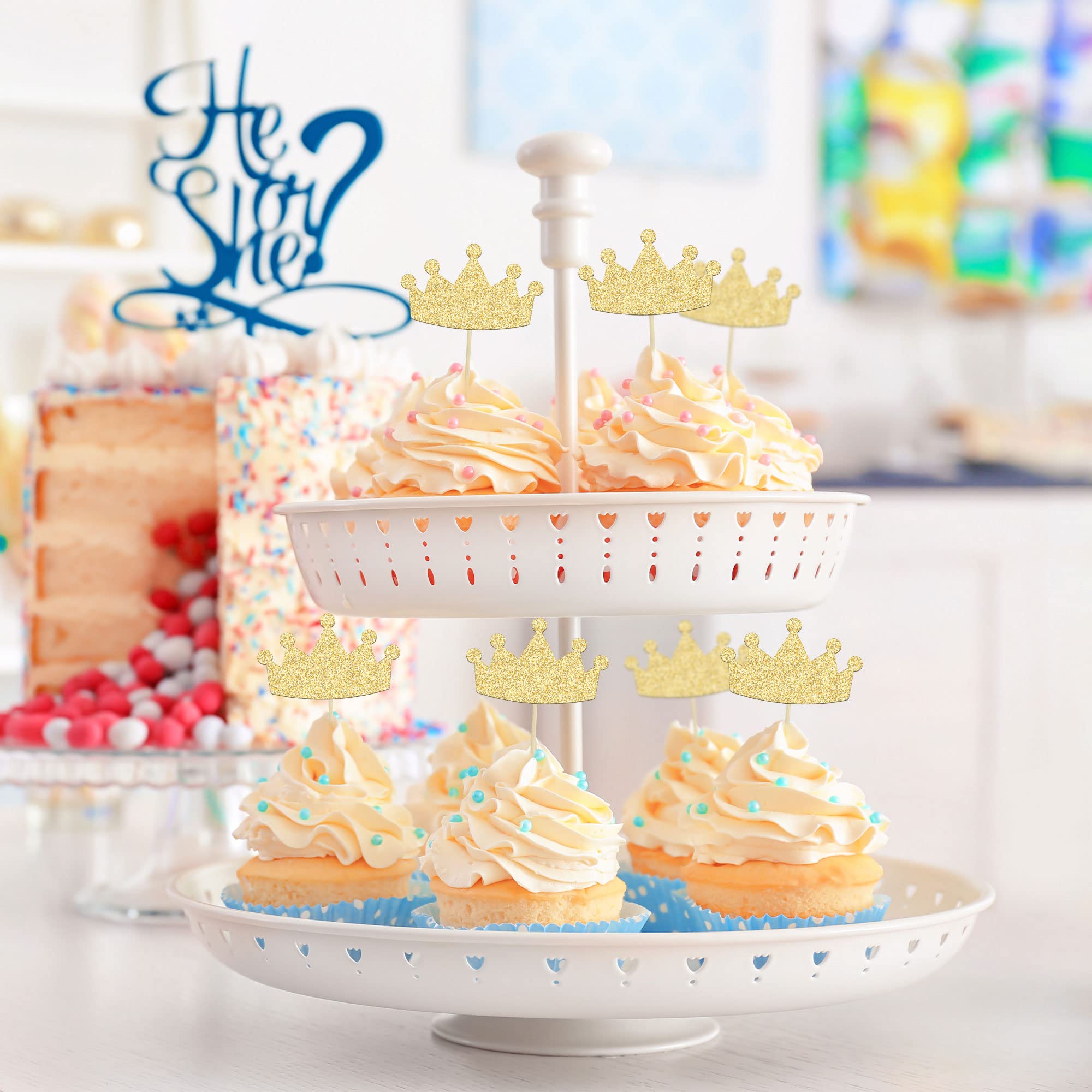 24Pcs Gold Glitter Crown Cupcake Toppers - Princess Theme Cake Decor For Birthday, Baby Shower, Wedding - View #4