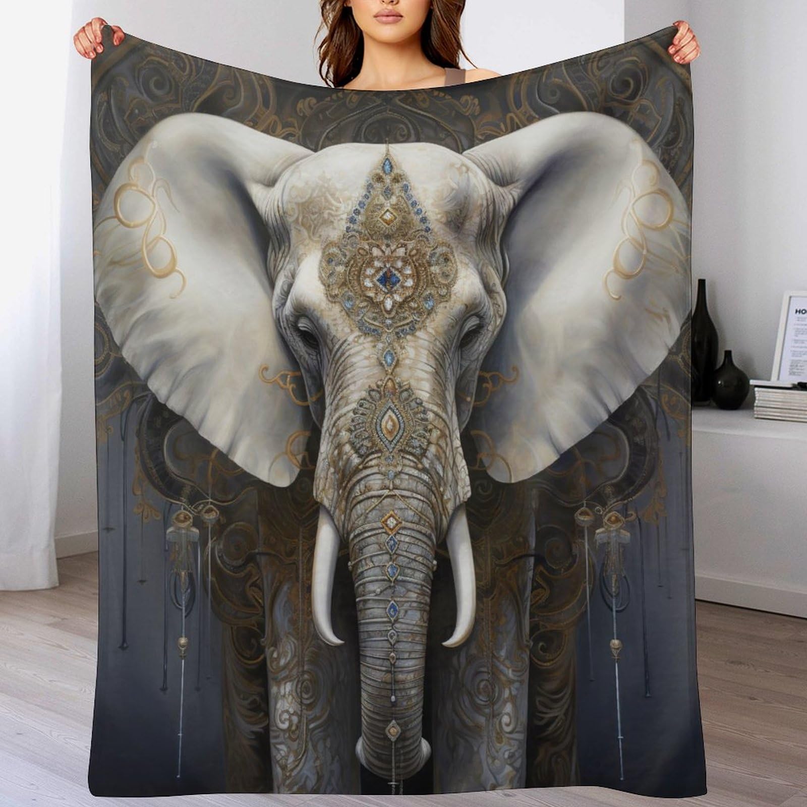 Couverture lit épaisse et douce en flannel motif éléphant avec finition haut de gamme
