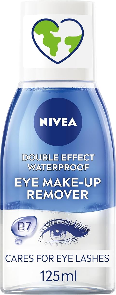 NIVEA Double Effect Waterproof Eye Make-Up Remover (125ml), Daily Use Face Cleanser for Make-Up and Mascara with Cornflower Extract and Biotin