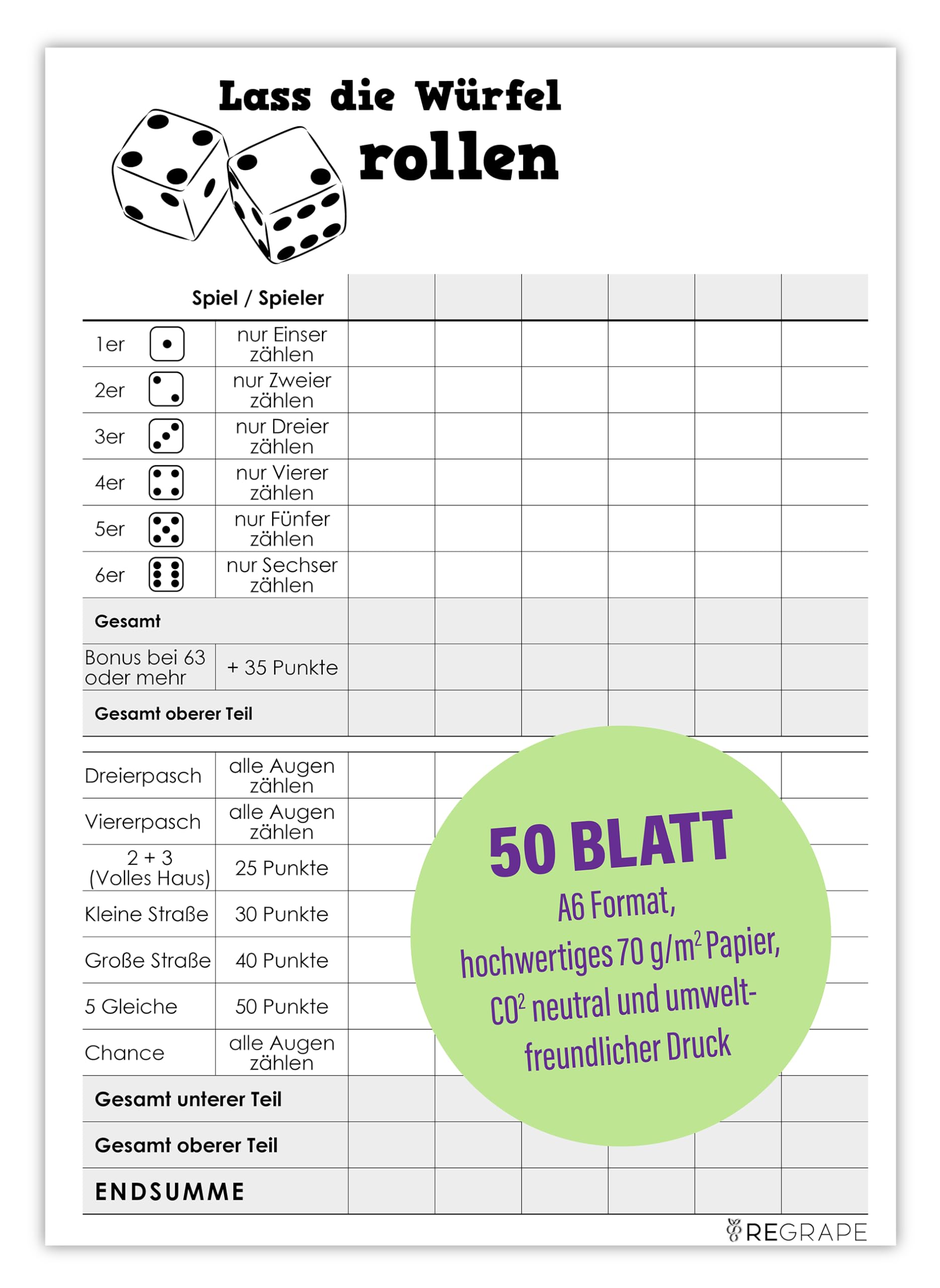ReGrape 1 x Ersatz Würfelblock, A6, Qualitätspapier, Durchschlagsicher, Made in Germany, umweltfreundlicher Druck