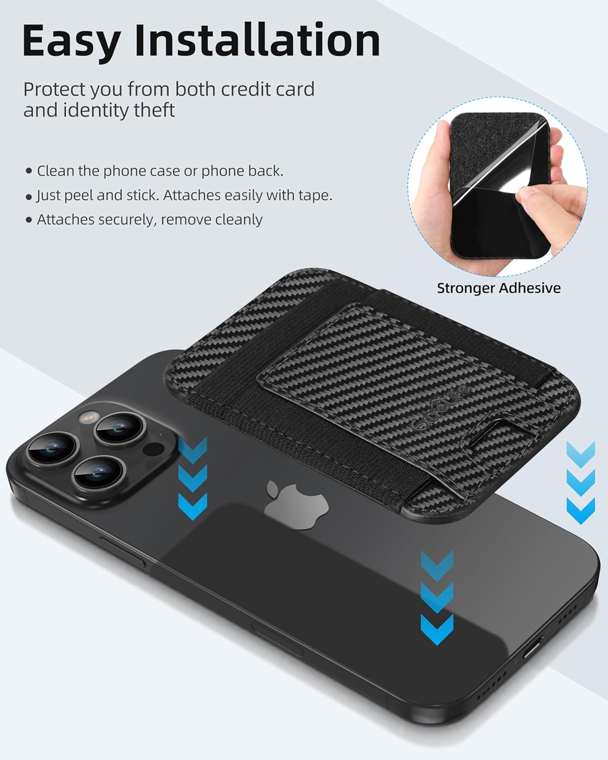 Phone Card Holder, Leather Phone Wallet Stick On, Stronger Adhesive Card Holder for Back of Phone, Credit Card Holder for Phone Case iPhone, Samsung, RFID Blocking, Fit 7 Cards, Black Carbon Fiber - Image 4