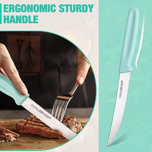 Miniatura 3 de HAUSHOF Juego de 4 cuchillos para carne, cuchillos de carne dentados, juego de cuchillos de carne de acero inoxidable de alta calidad con caja de