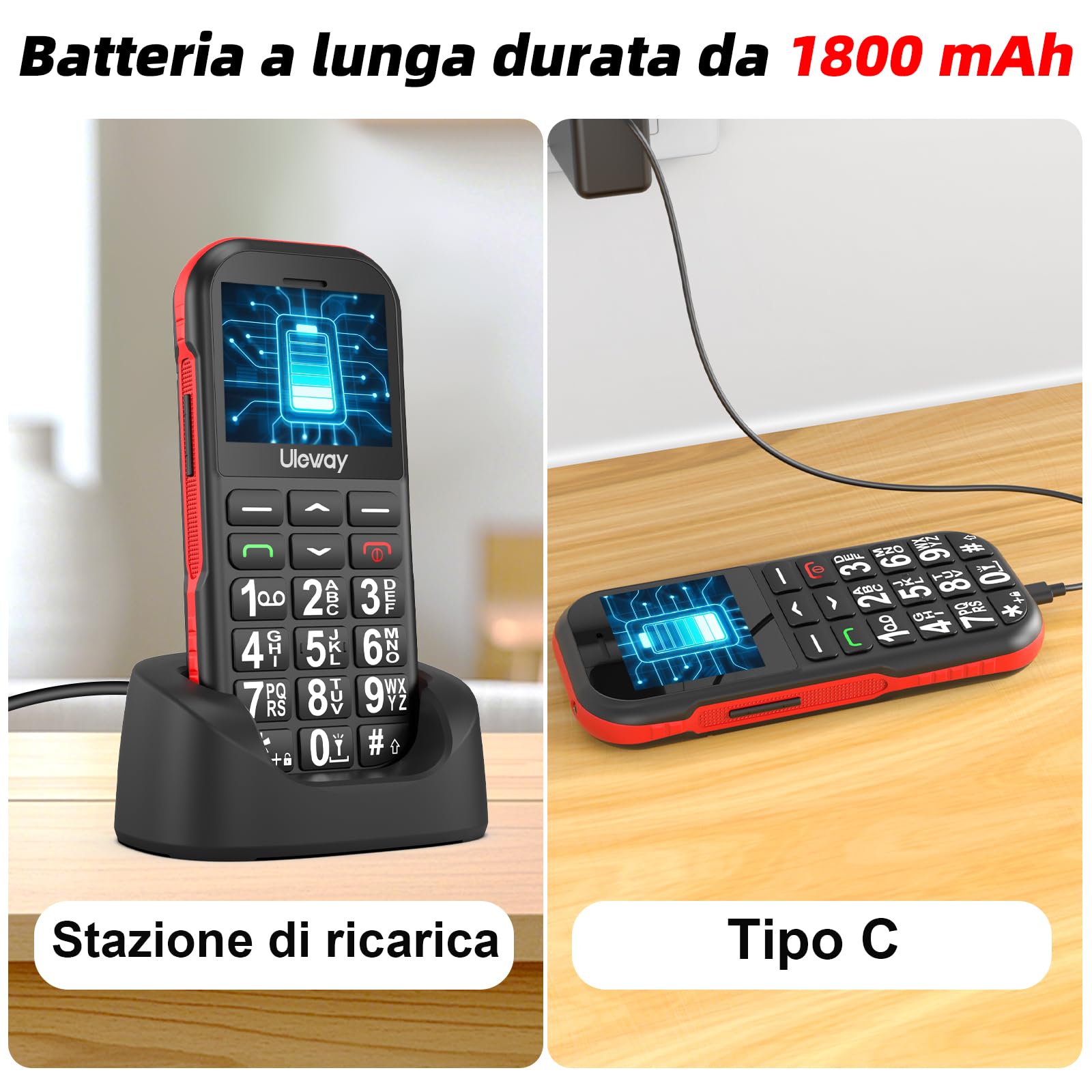 CHAKEYAKE Cellulare per Anziani 4G Sbloccato con Tasti Grandi, Batteria 1800mAh Lunga Durata, USB-C, Funzione SOS, Torcia, Base di Ricarica, Nero