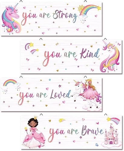 decalmile 4 piezas de unicornio princesa castillo arco iris motivacionales carteles de madera colgantes placa de pared You Are Kind Braved citas disponible en Yaxa Peru