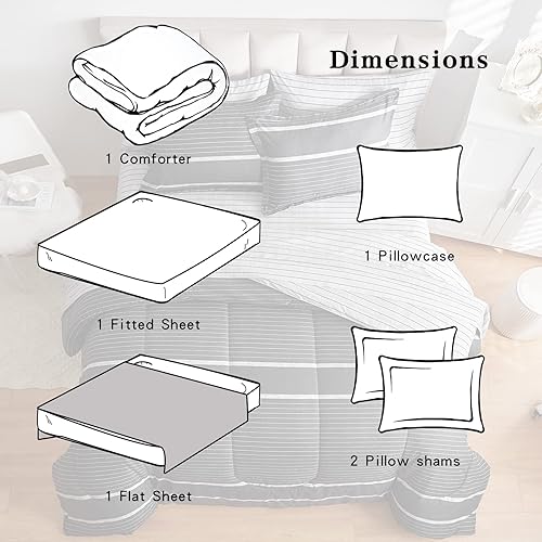 Miniatura 6 de Flysheep Juego de sábanas de 6 piezas a rayas bohemias degradadas en una bolsa, tamaño individual, a rayas blancas sobre negro y gris oscuro (1