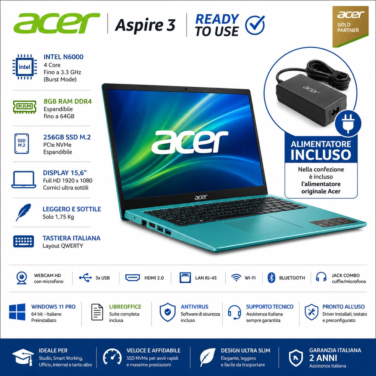 Acer Notebook Ultraleggero Intel N 6000 4 Core, Display FHD 15,6" | SSD M2 PCi 256GB, RAM 8GB DDR4, Pronto all'uso, Libre Office