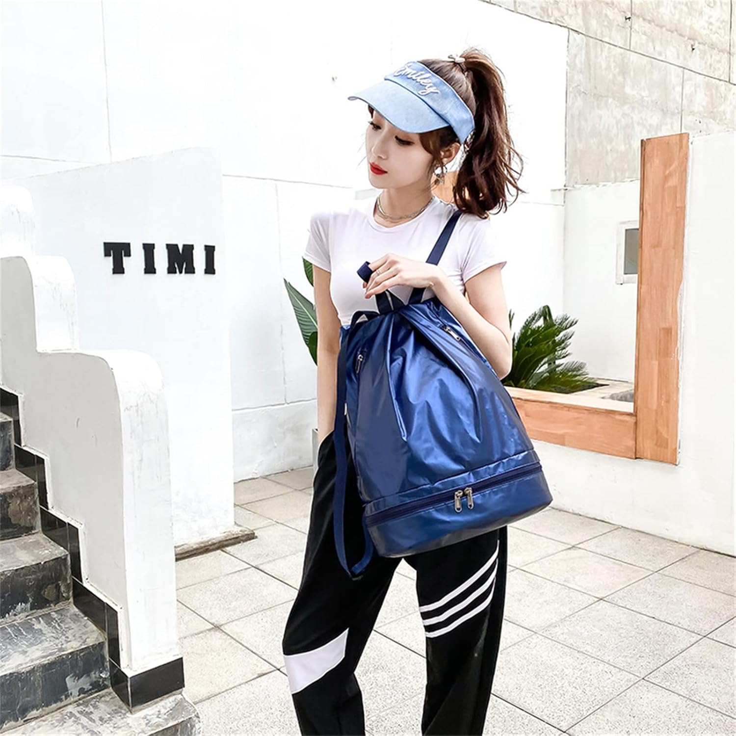 スポーツバックパック 女性用フィットネスバッグヨガバッグ独立した靴収納バックパック (色 : Dark blue, Size : 3