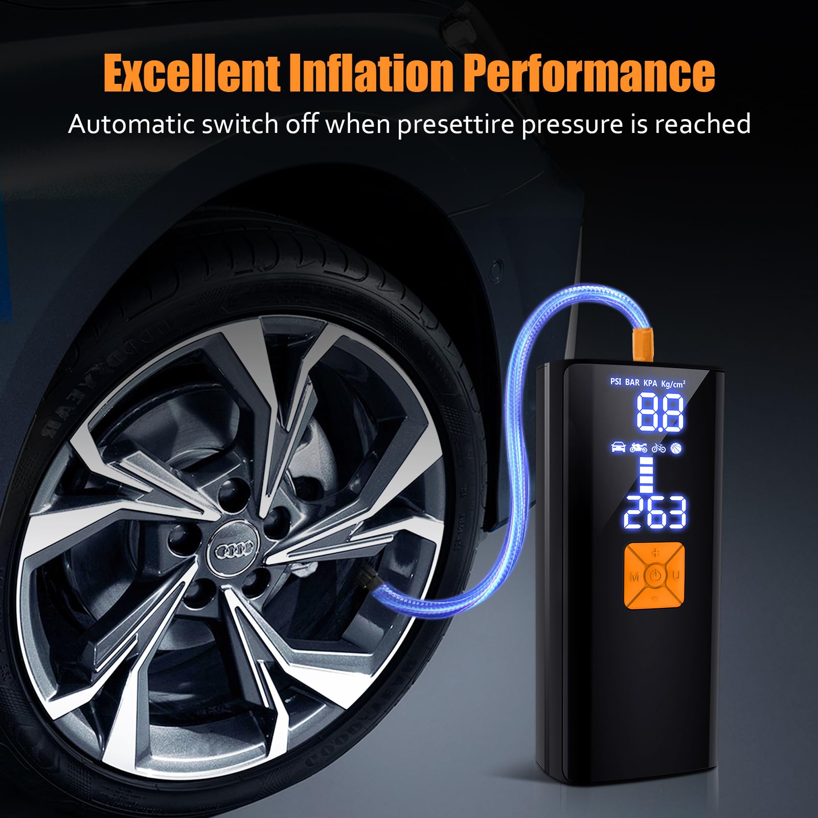 Compressore d'aria portatile, 150 psi, senza fili, per auto, moto, biciclette, palloni da basket e sport, con luce LED, manometro digitale