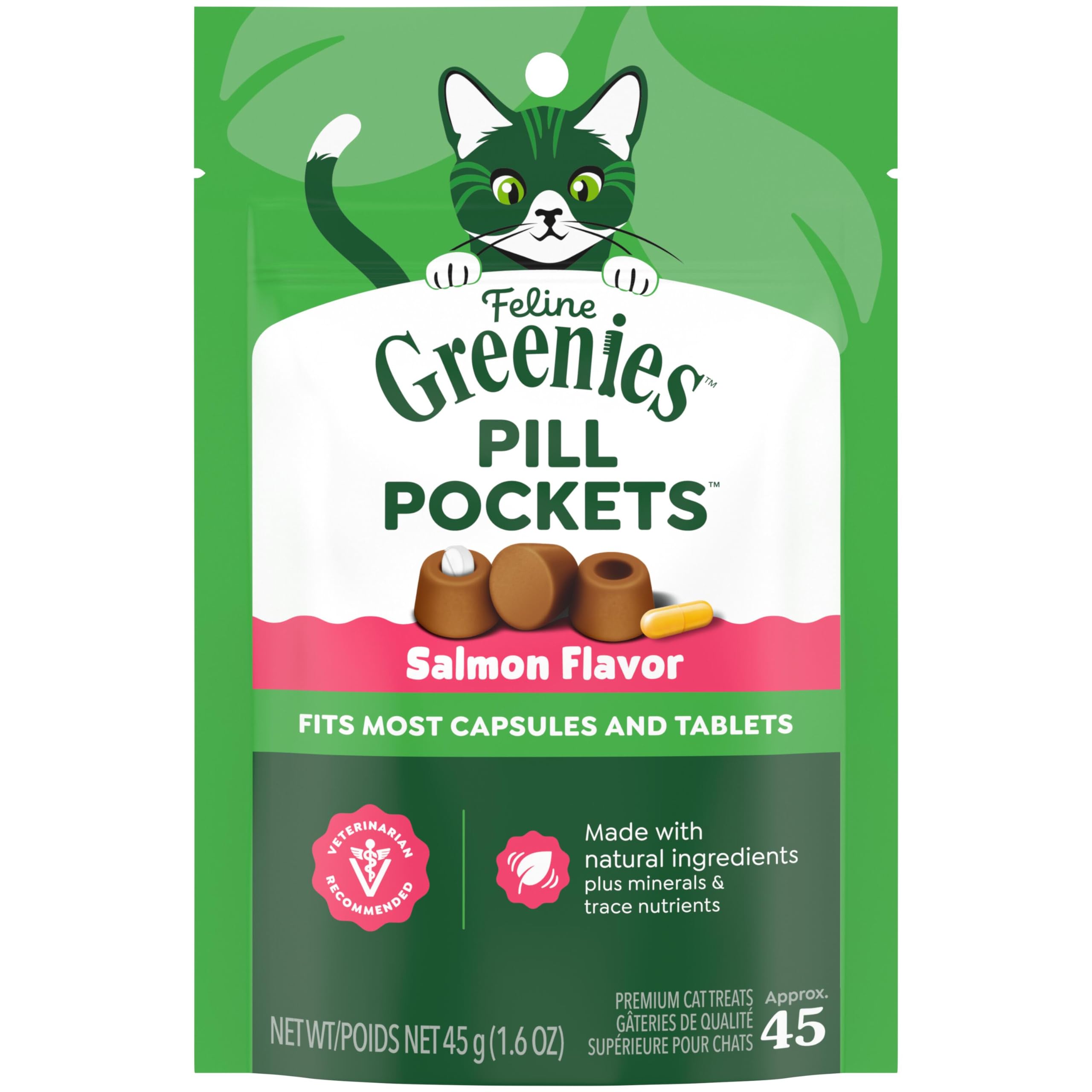 Feline Pill Pockets for Cats Natural Soft Cat Treats, Salmon Flavor, 1.6 oz. Pouch (45 Treats)