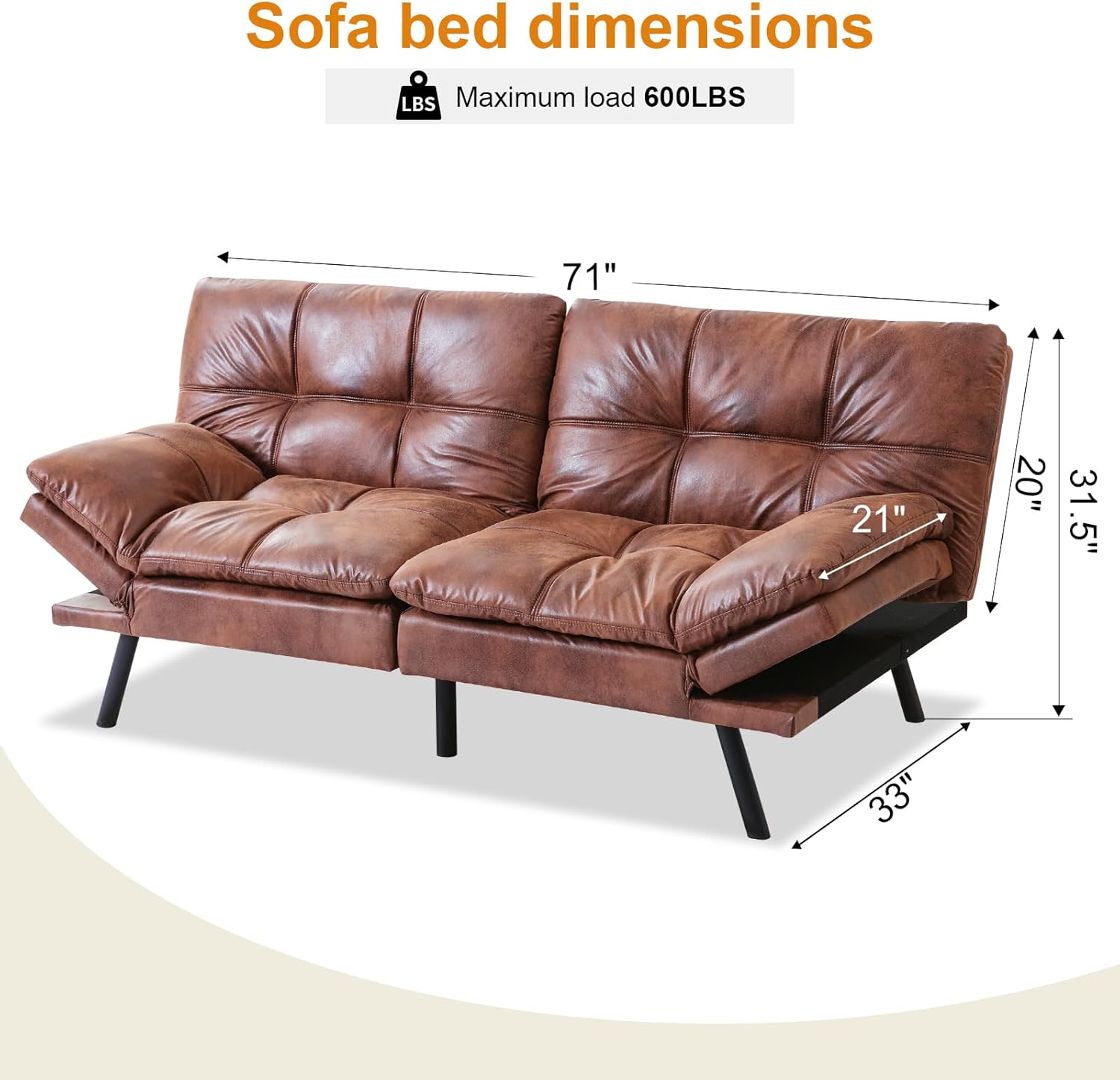 Vipbear 71-Inch Convertible Futon Sofa Bed, Modern Loveseat Sleeper with Adjustable Back & Arms, Faux Leather for Small Spaces, Apartments,Brown