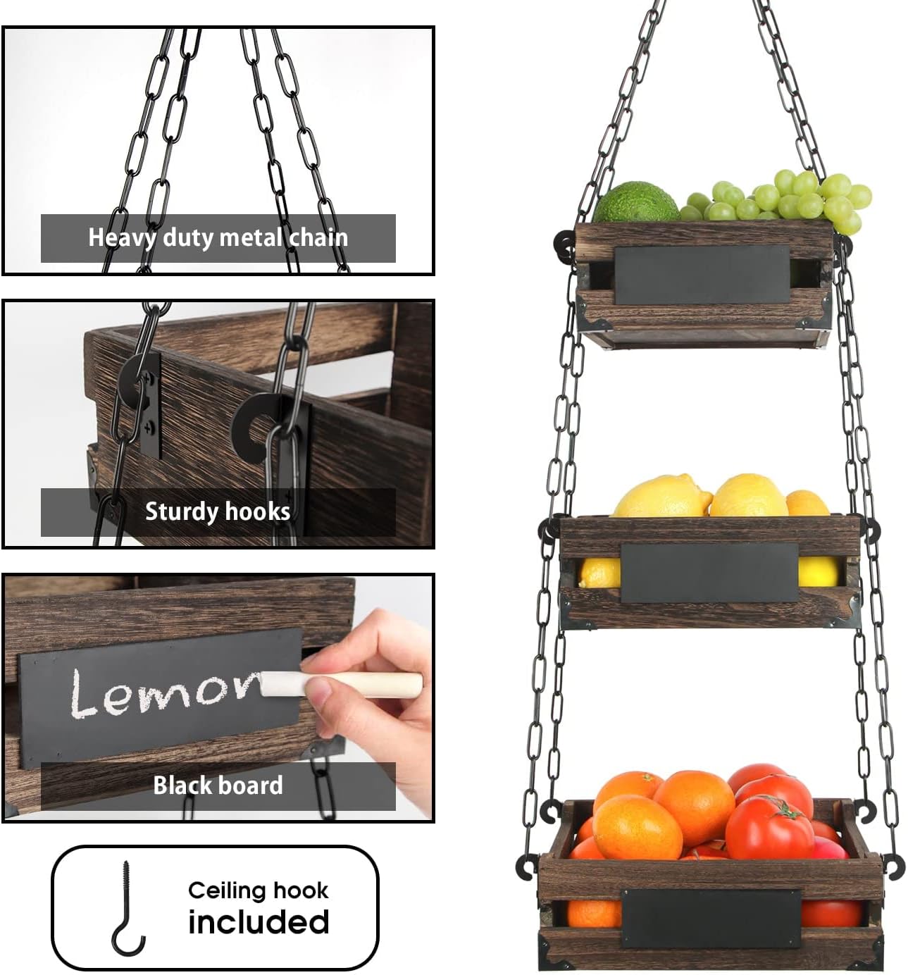 J JACKCUBE DESIGN 3-Tier Rustic Wood Hanging Fruit Basket, Kitchen Fruit, Vegetable Storage Organizer, Countertop Space Saver- Heavy Duty Metal Hooks- MK1008A