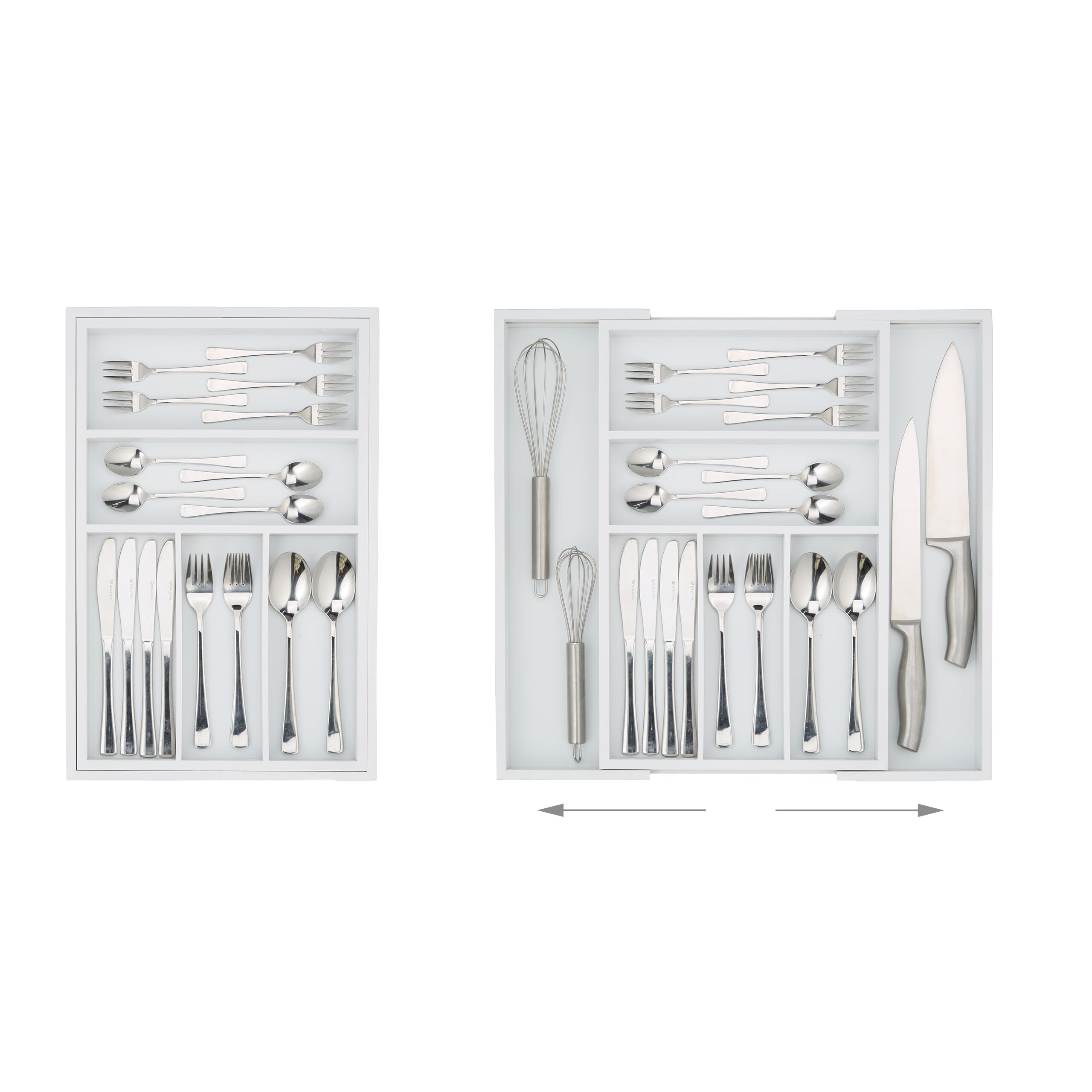Relaxdays Cubertero Cajón Extensible, Largo Variable, 5-7 Compartimentos, Organizador Cubiertos Bambú, 5x48x46cm, Blanco