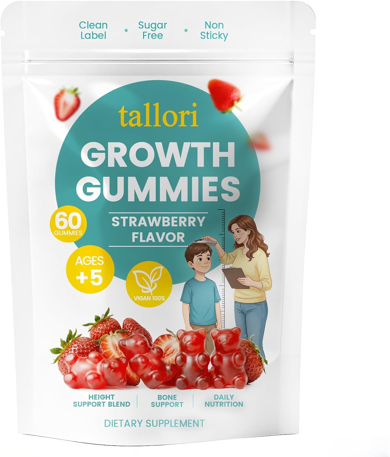 Tallori Growth Gummies, Tallori Sugar Free Daily Nutrition Vitamins Supplement with Calcium, Vitamin D3, K2, Zinc & Omega-3, Daily Immunity & Bone Support, Strawberry Flavor, 60 Gummies