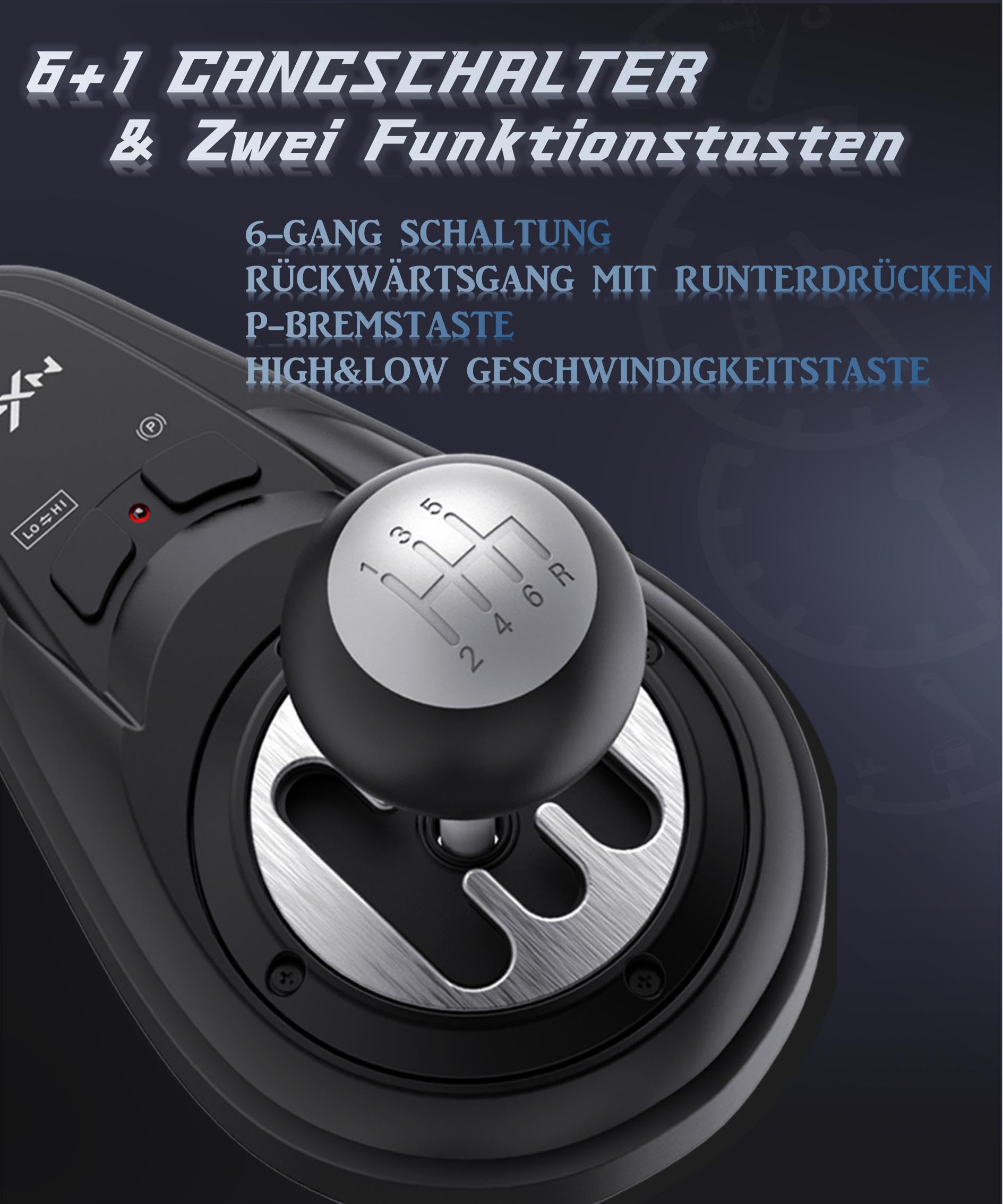 PXN A7 Schaltung, Gaming Lenkrad Schalthebel - Universal Shifter PC, 6+R Gängen, 3 Kabeln (USB, RJ11, DIN), P-Bremse und Hoch-Niedriggeschwindigkeits-Tasten - Gangschaltung für PC