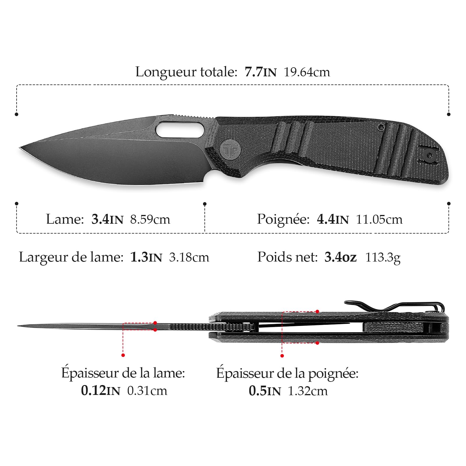 TRIVISA Couteau Pliant, Outil de Randonnée, avec Lame en Acier 14C28N et Clip de Poche, Cadeau pour le Camping,Sport, la Randonnée et les Activités de Plein Air, Gecko-BM (Noir)