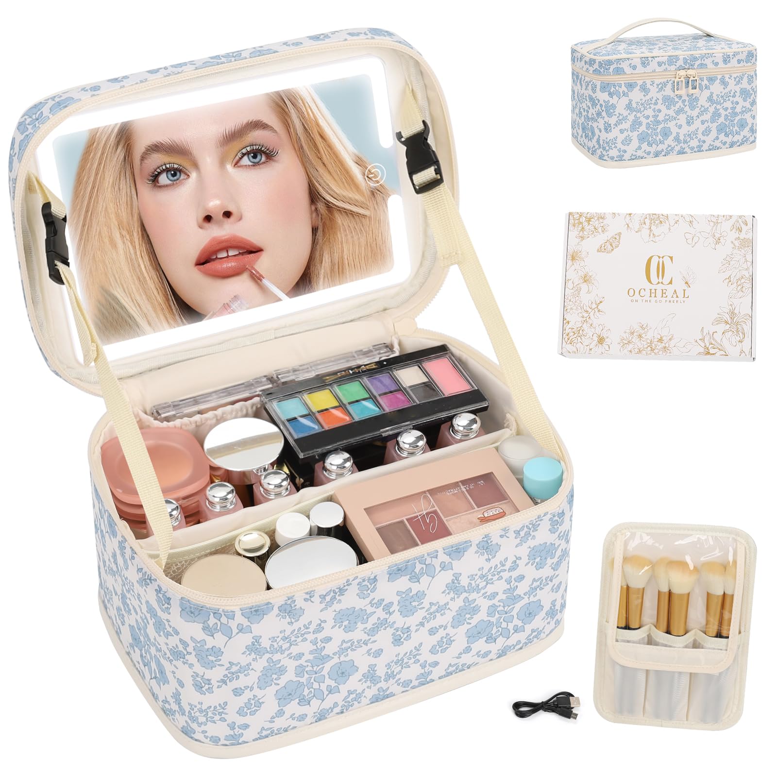 Photo 1 of Makeup Bag With LED Mirror, Lightweight Travel Makeup Bag With 3 Color Setting Light Up Mirror Cosmetic Makeup Organizer Vanity Case for Women Beauty Tools Accessories Rechargeable Train Case-Floral