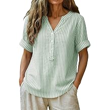 Womens Cotton Linen Shirts Short Sleeve Blouse Summer Casual Button V Neck Beach Cotton Tops