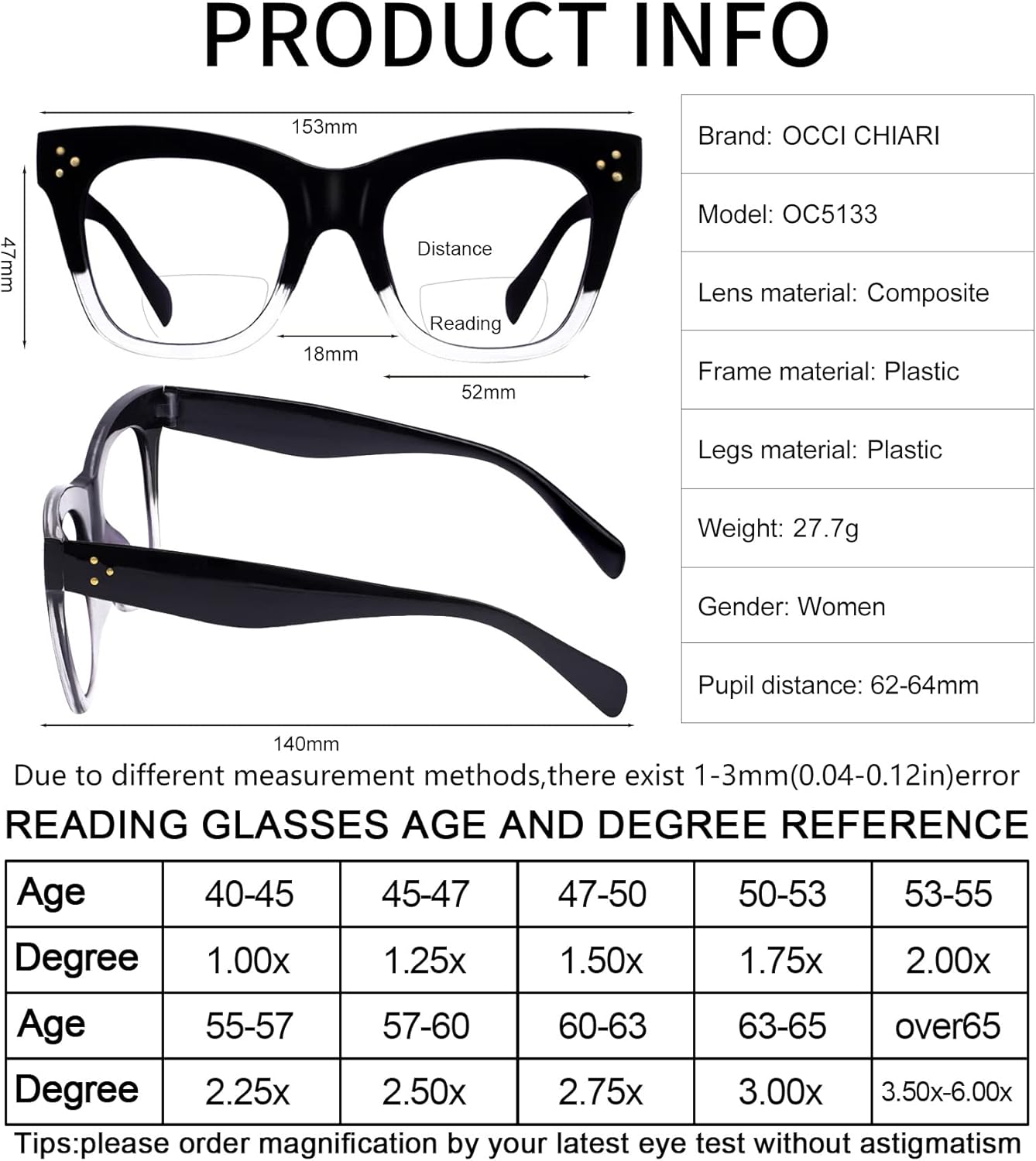 OCCI CHIARI Oversized Bifocal Reading Glasses for Women Blue Light Blocking Stylish Readers 1.0 1.5 2.0 2.5 3.0 3.5